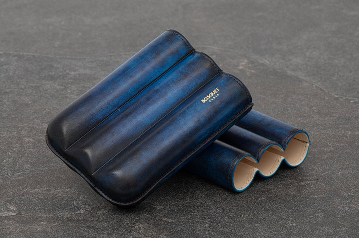 Bosquet Paris Smooth Calf Leather Cigar Case Blue Patina Cylindrical - 3 Cigars