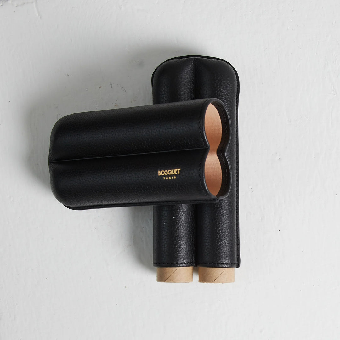 Bosquet Paris Grained Calf Leather Cigar Case Black Round - 2 Finger