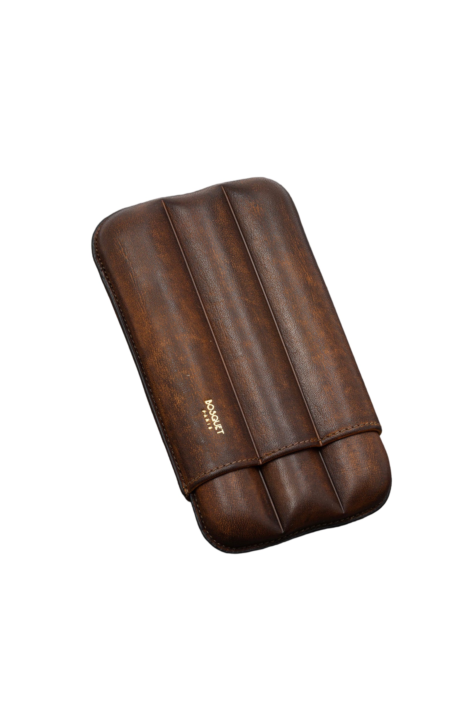 Bosquet Paris Smooth Calf Leather Cigar Case Savane (Brown) Patina Cylindrical - 3 Cigars
