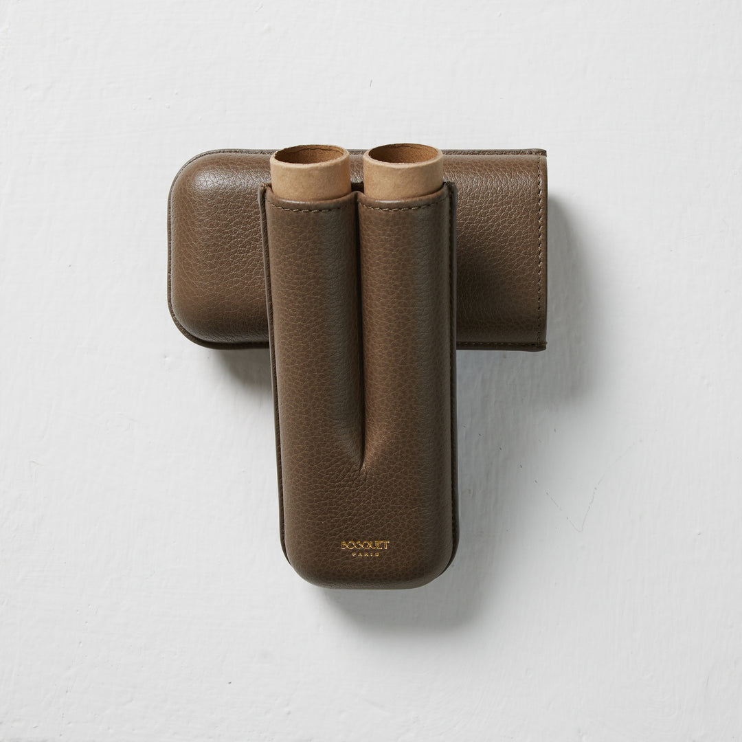 Bosquet Paris Grained Calf Leather Cigar Case Grey Brown Rectangular - 2 Finger