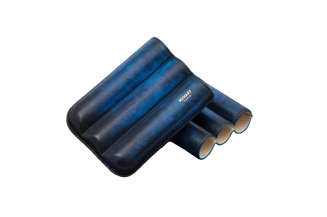 Bosquet Paris Smooth Calf Leather Cigar Case Blue Patina Cylindrical - 3 Cigars