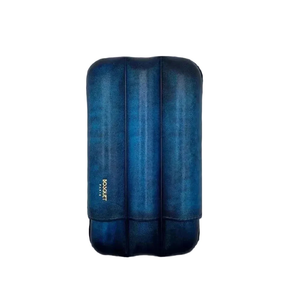 Bosquet Paris Smooth Calf Leather Cigar Case Blue Patina Cylindrical - 3 Cigars