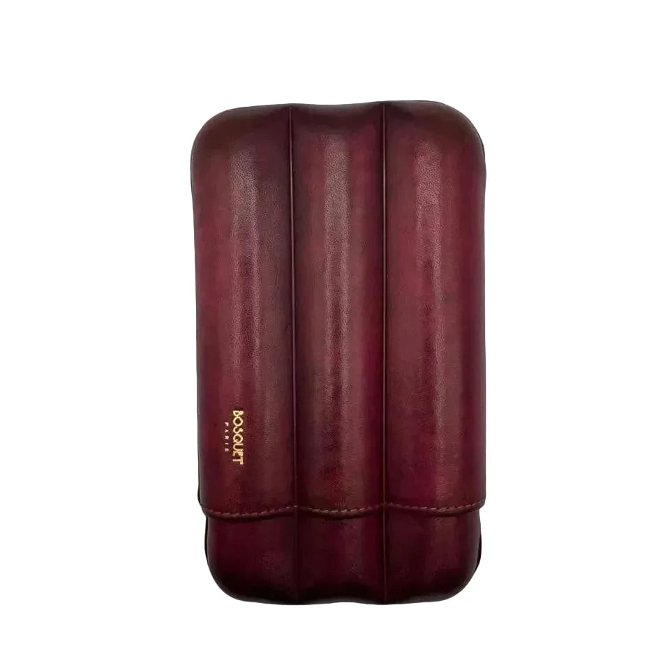 Bosquet Paris Smooth Calf Leather Cigar Case Red Patina Cylindrical - 3 Cigars