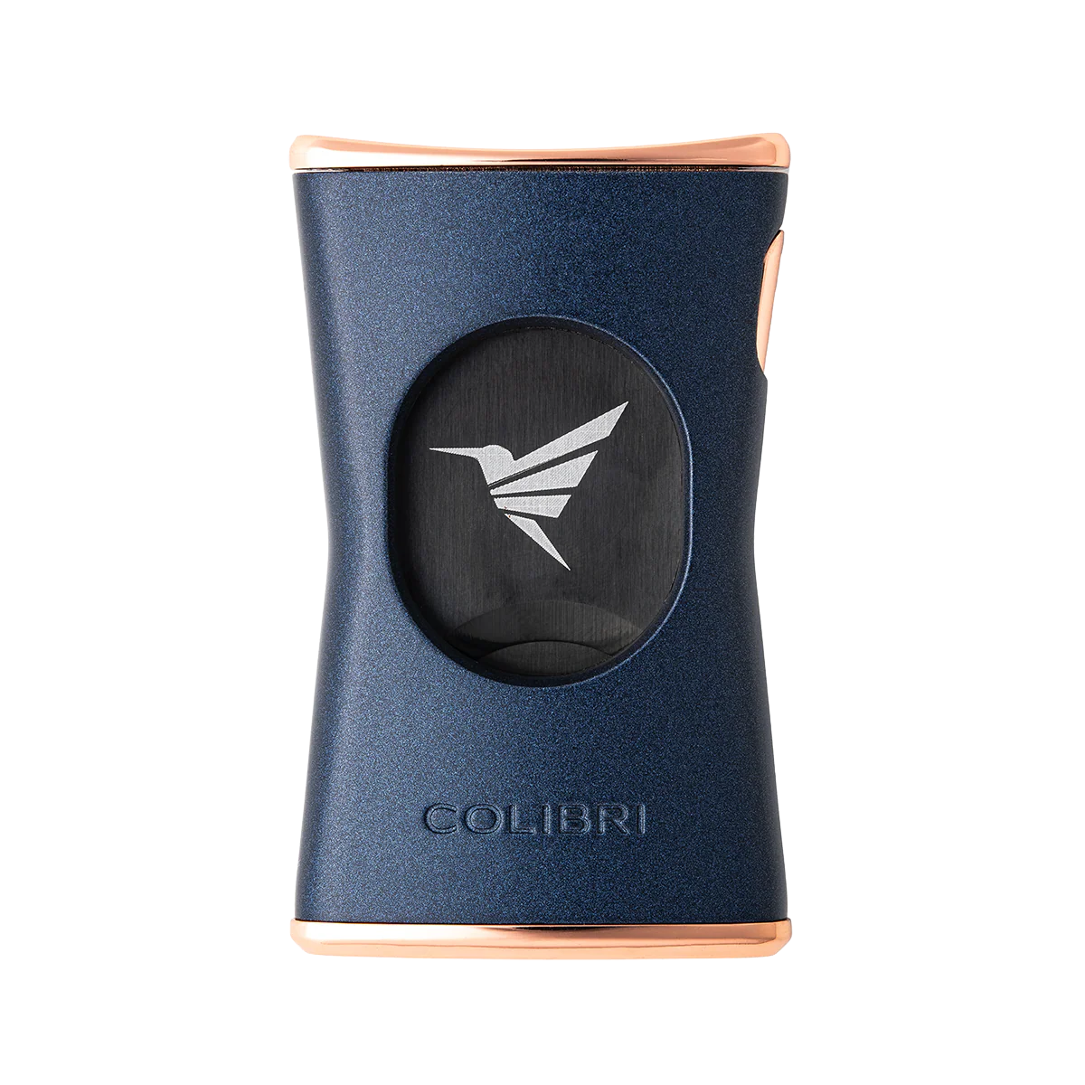 Blue and rose gold lighter with 'Colibri' branding on a white background