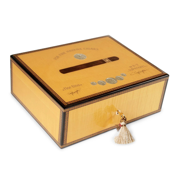 Elie Bleu Wooden Cigar Humidor "Medals" Gold Yellow Sycamore (75 Cigars)