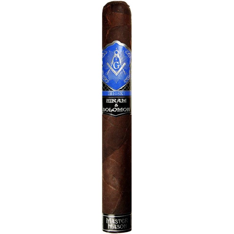 A single stick of Hiram & Salomon Master Mason Maduro Toro cigar with a brown wrapper and a blue and black label.