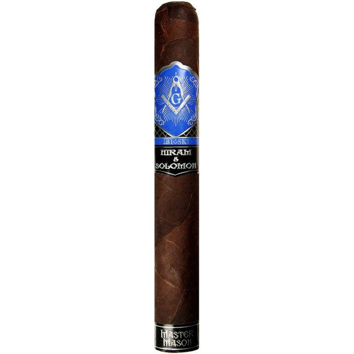 A single stick of Hiram &amp; Salomon Master Mason Maduro Toro cigar with a brown wrapper and a blue and black label.