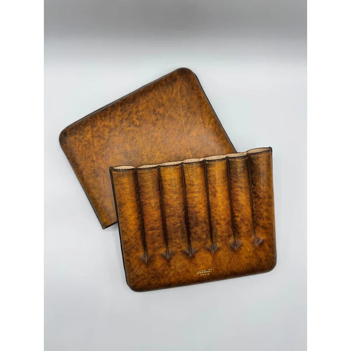 Bosquet Paris Smooth Calf Leather Cigar Case Savane Patina - 7 Cigars