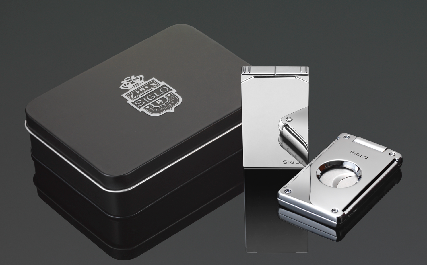 PCC Siglo Cigar Lighter & Cutter Set – Shiny Chrome – No6Cavendish