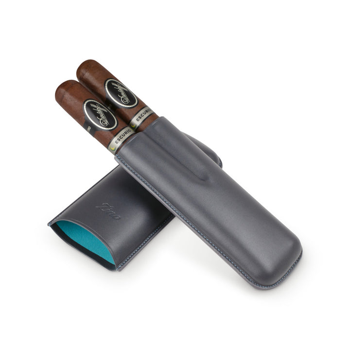 Zino Cigar Case XL-2 Finger Leather - Grey &amp; Cyan