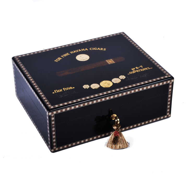 Elie Bleu Wooden Humidor "Medals" Black Tinted Sycamore(75 Cigars), cigar humidor, cigar accessories, humidor online