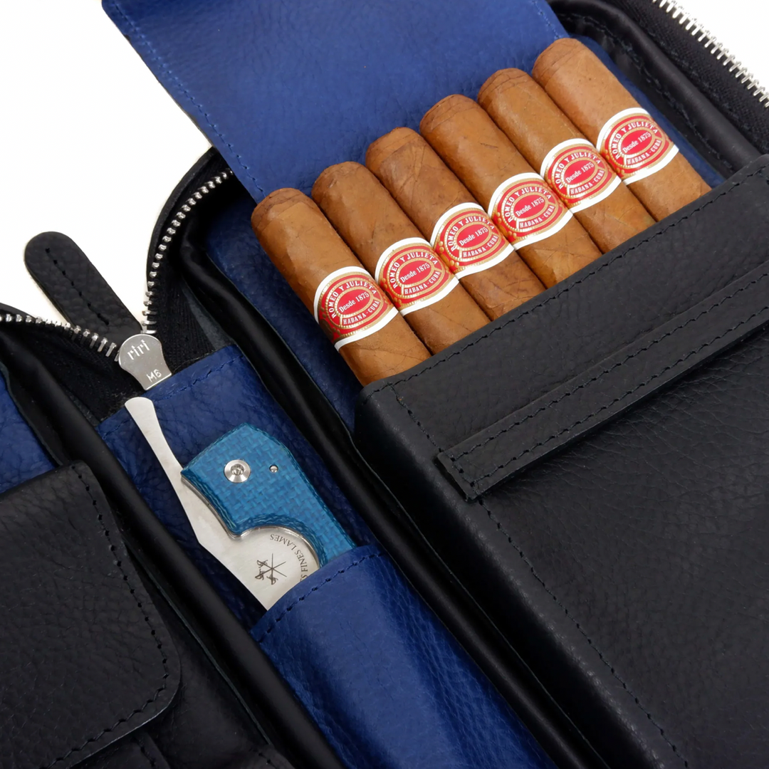 The Cigar Holder Cigar Travel Case Black &amp; Blue Leather Detachable strap