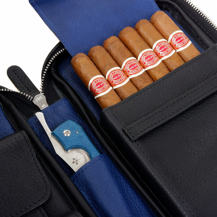 The Cigar Holder Cigar Travel Case Black &amp; Blue Leather Detachable strap