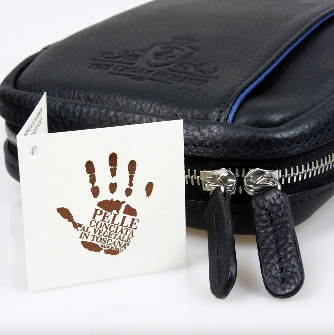 The Cigar Holder Cigar Travel Case Black &amp; Blue Leather Detachable strap