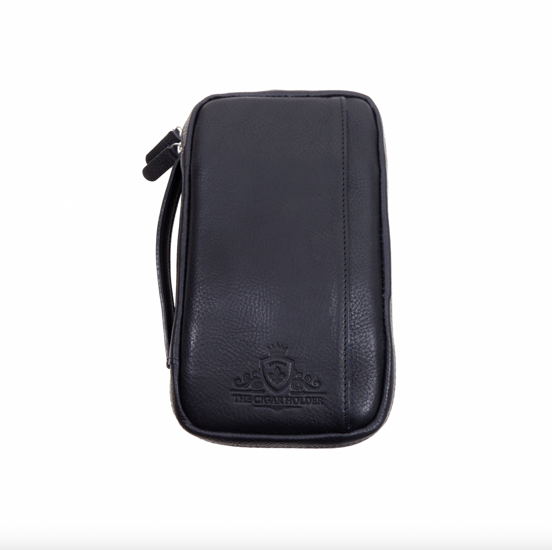 The Cigar Holder Cigar Travel Case Black &amp; Blue Leather Detachable strap