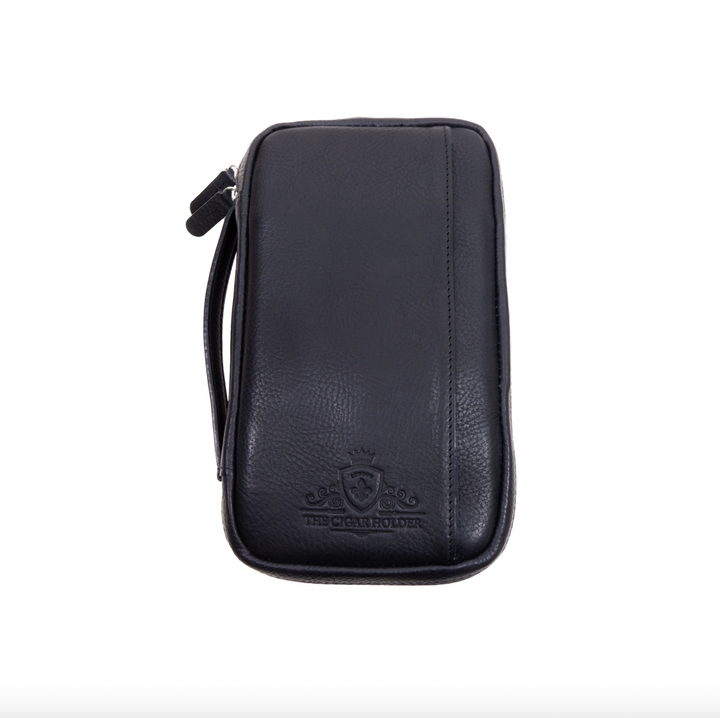The Cigar Holder Cigar Travel Case Black &amp; Blue Leather Detachable strap